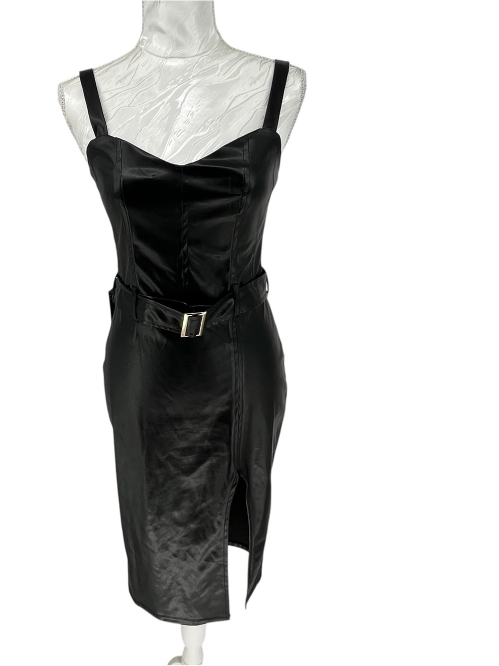 Black Faux Leather Midi Dress Belted Waist